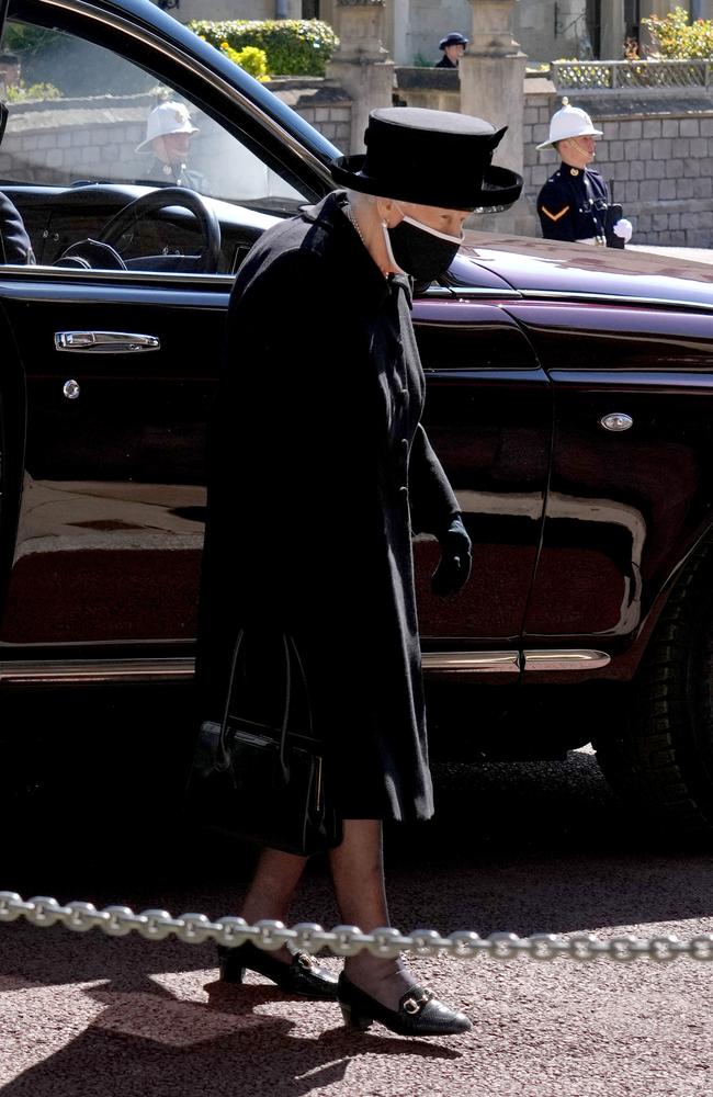 Queen Elizabeth II arrives for the funeral of her husband Prince Philip. Picture: Jonathan Brady – WPA Pool/Getty Images