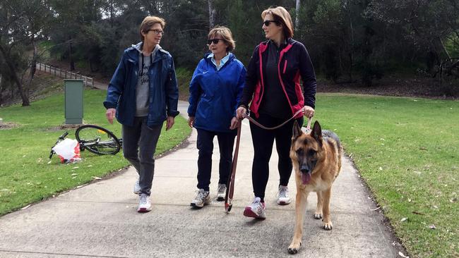 Regular walkers Ann, Alison and Chris want the Lycra heroes out of Linear Park. Picture: Ben Cameron