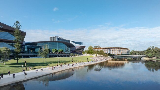 How the new arena will look from the River Torrens, alongside the Convention Centre.