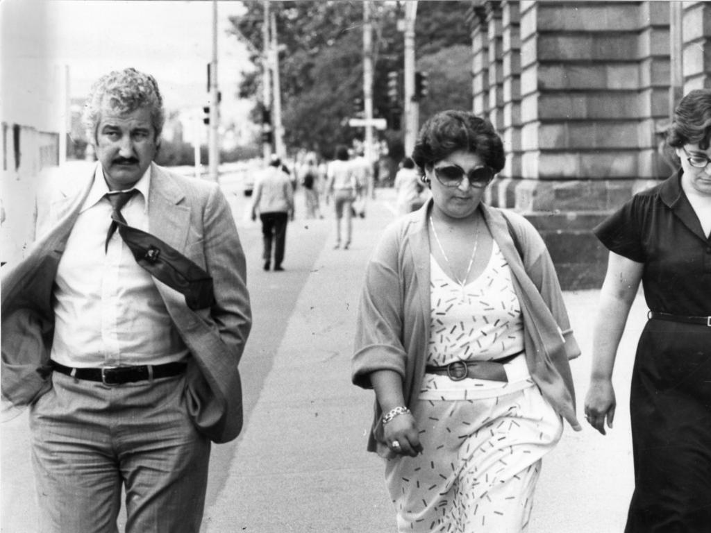 Iordanis and Georgia Iordanides, parents of Connie Iordanides, arriving at court with daughter Despina on February 21, 1980.