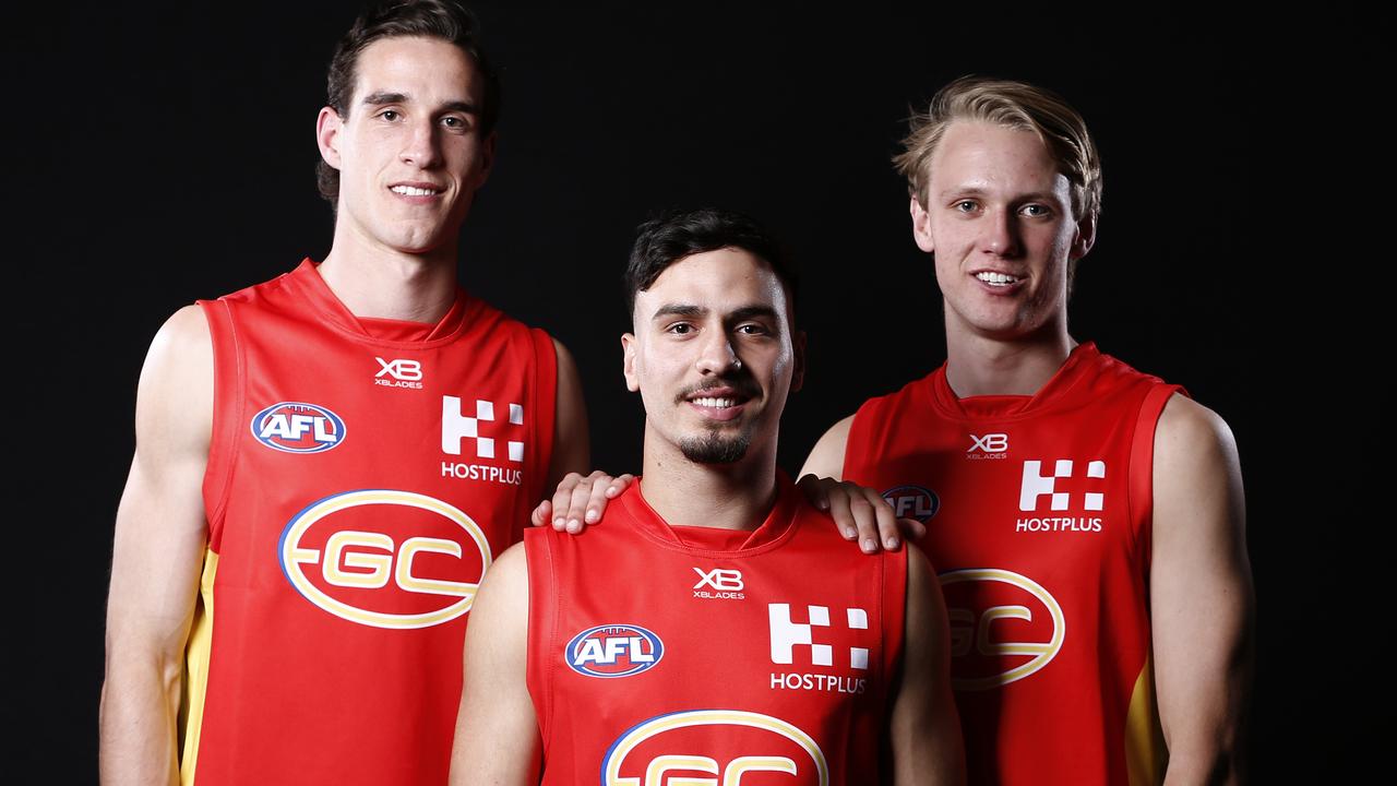 Gold Coast’s top-10 draftees (from left) Ben King, Izak Rankine and Jack Lukosius.