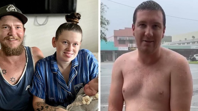 Codie and Jonty Brown and newborn infant daughter Remi (left) were rescued by Alex Brooker (right) west of Ingham. Picture: Cameron Bates