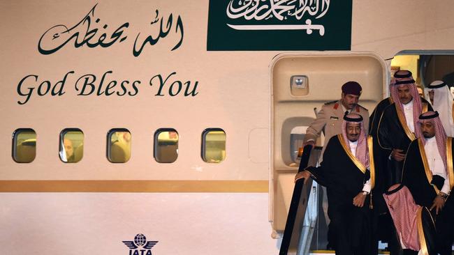 Saudi Arabia's Crown Prince Salman bin Abdulaziz (left) steps off his 747 after arriving at G20. Picture: AFP