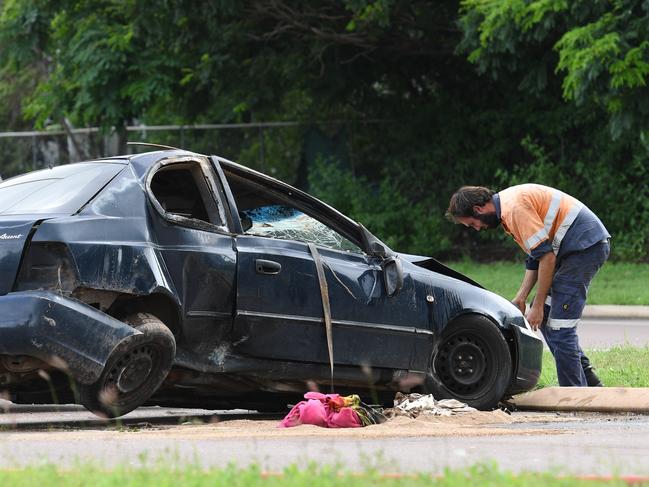 A car rollover on Vanderlin Drive, Karama. Picture: Katrina Bridgeford