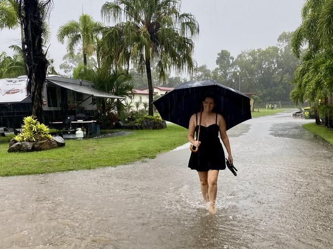 Cairns mother of three Tanya Snelling at Big4 Adventure Whitsunday caravan park during the deluge. Picture: Tanya Snelling