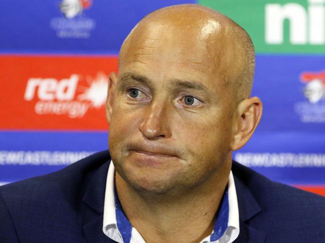 Knights coach Nathan Brown talks to media at the post match press conference after the Round 5 NRL match between the Newcastle Knights and the Manly Sea Eagles at McDonald Jones Stadium in Newcastle, Saturday, April 13, 2019. (AAP Image/Darren Pateman) NO ARCHIVING, EDITORIAL USE ONLY