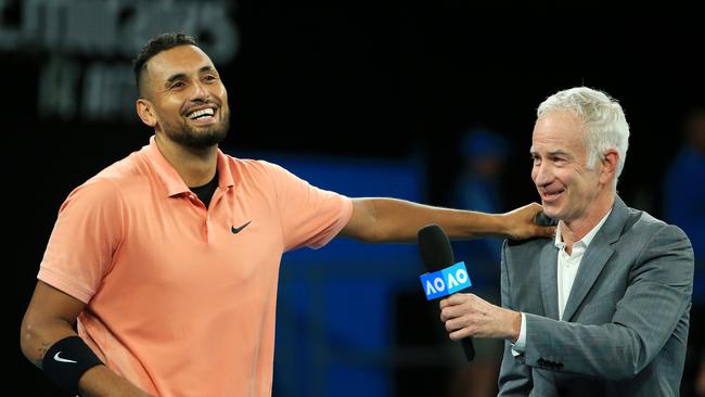 Nick Kyrgios speaks with John McEnroe about bushfire relief. Picture: Mark Stewart