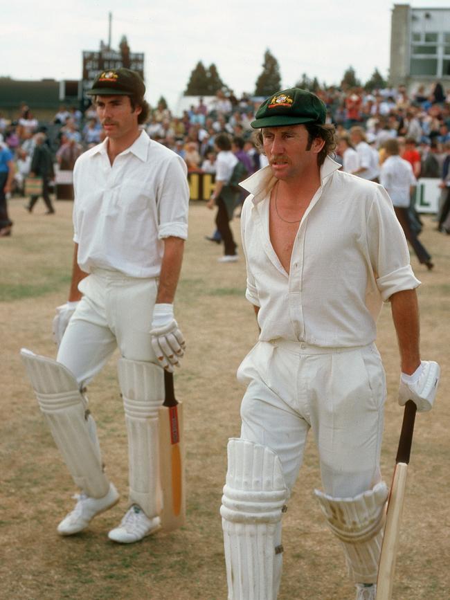 Greg Chappell and Ian Chappell walk out to bat during the tour match between Hampshire and Australians at Southampton in 1975. Picture: Patrick Eagar/Popperfoto/Getty Images