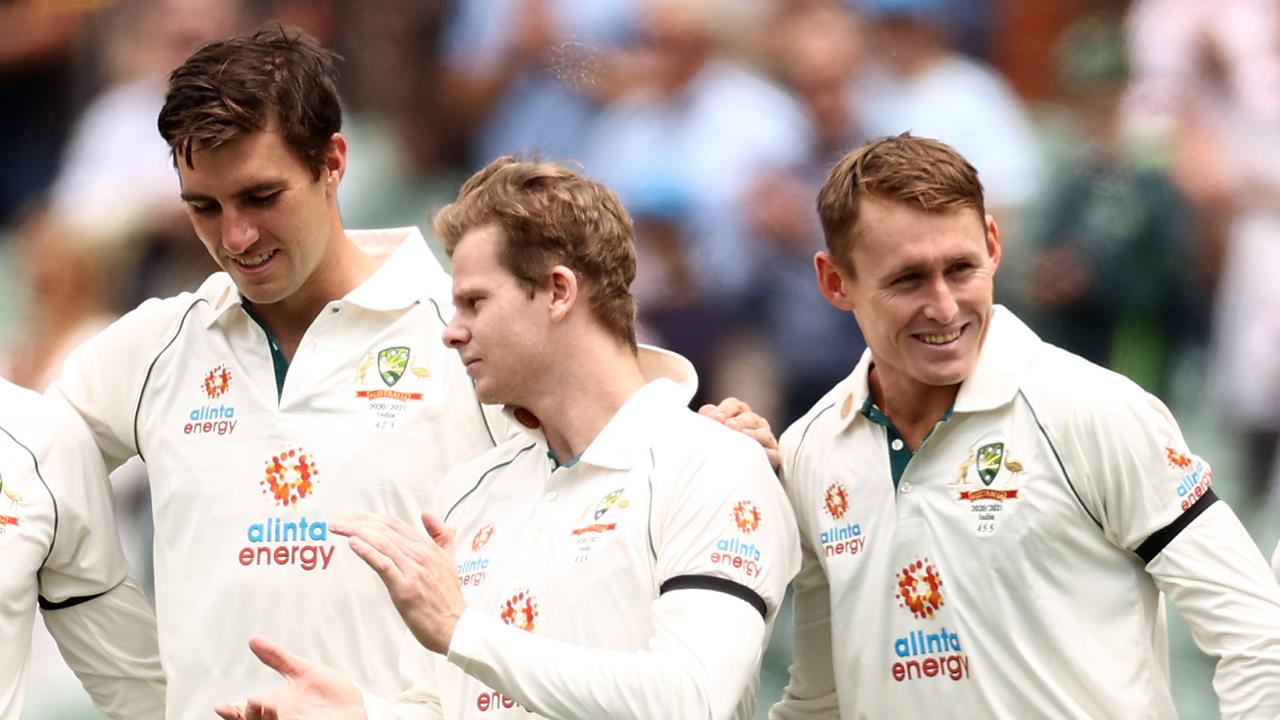 Pat Cummins, Steve Smith and Marnus Labuschagne. Photo by Cameron Spencer/Getty Images
