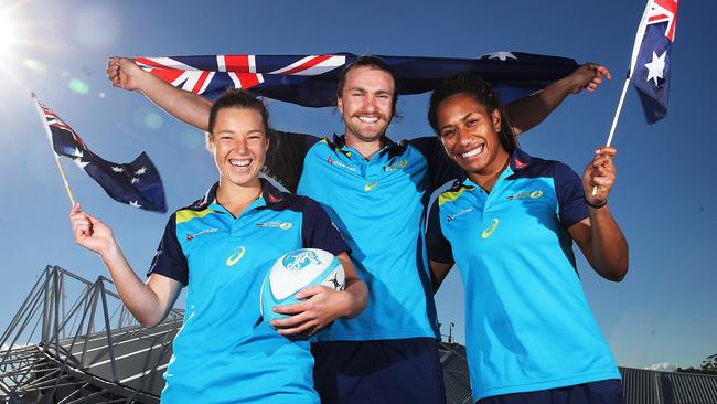 Australian sevens players Emma Tonegato, Lewis Holland and Ellia Green after announcement the Sydney Sevens is being moved to Australia Day long weekend at Allianz Stadium. Picture. Phil Hillyard