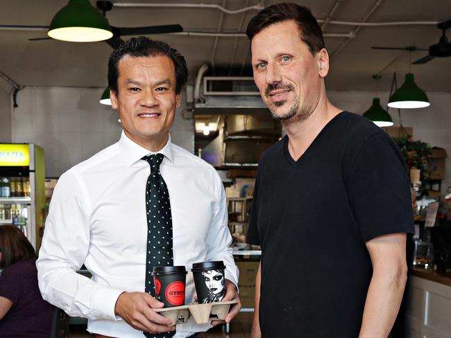 NSW Fair Trading Minister Anoulack Chanthivong with David Teofilovic at Teo's on Oxford cafe in Ingleburn. Picture: Adam Yip