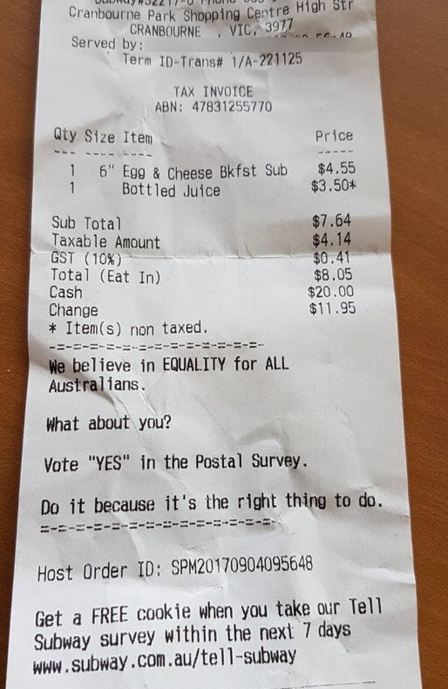 Subway: Pro gay marriage messages printed on Melbourne receipts | news ...