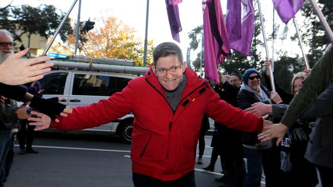 Safe Schools co-founder Roz Ward returning to work, flanked by the National Tertiary Education Union, after being suspended by La Trobe University. Picture: David Geraghty / The Australian