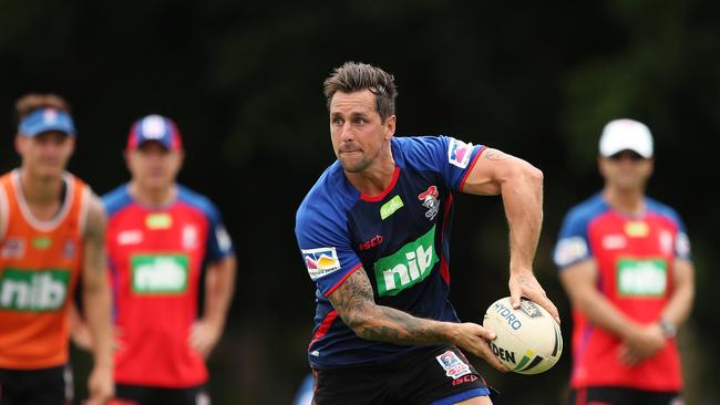 Mitchell Pearce during his first training session with his new club the Newcastle Knights since leaving the Sydney Roosters, at Wests Mayfield Newcastle. Picture: Brett Costello