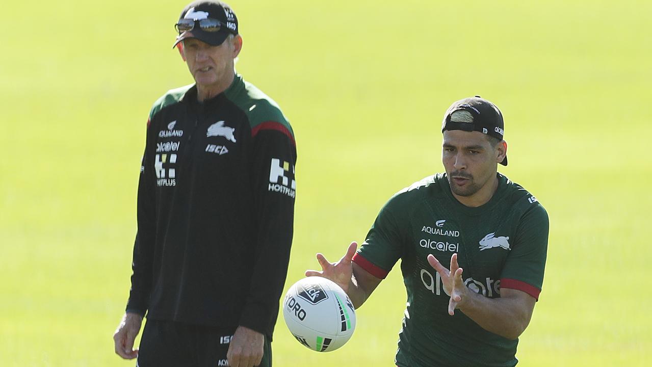 SYDNEY, AUSTRALIA - MAY 06: Rabbitohs head coach Wayne Bennett watches as Cody Walker of the Rabbitohs catches a pass during a South Sydney Rabbitohs NRL training session at Redfern Oval on May 06, 2020 in Sydney, Australia. (Photo by Mark Metcalfe/Getty Images)