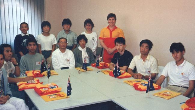 Japanese Dial-a-Dino's franchisees during a visit to Adelaide for a training session with Kevin Whitford, standing back right, in 1988. Photo: Richard Wescombe