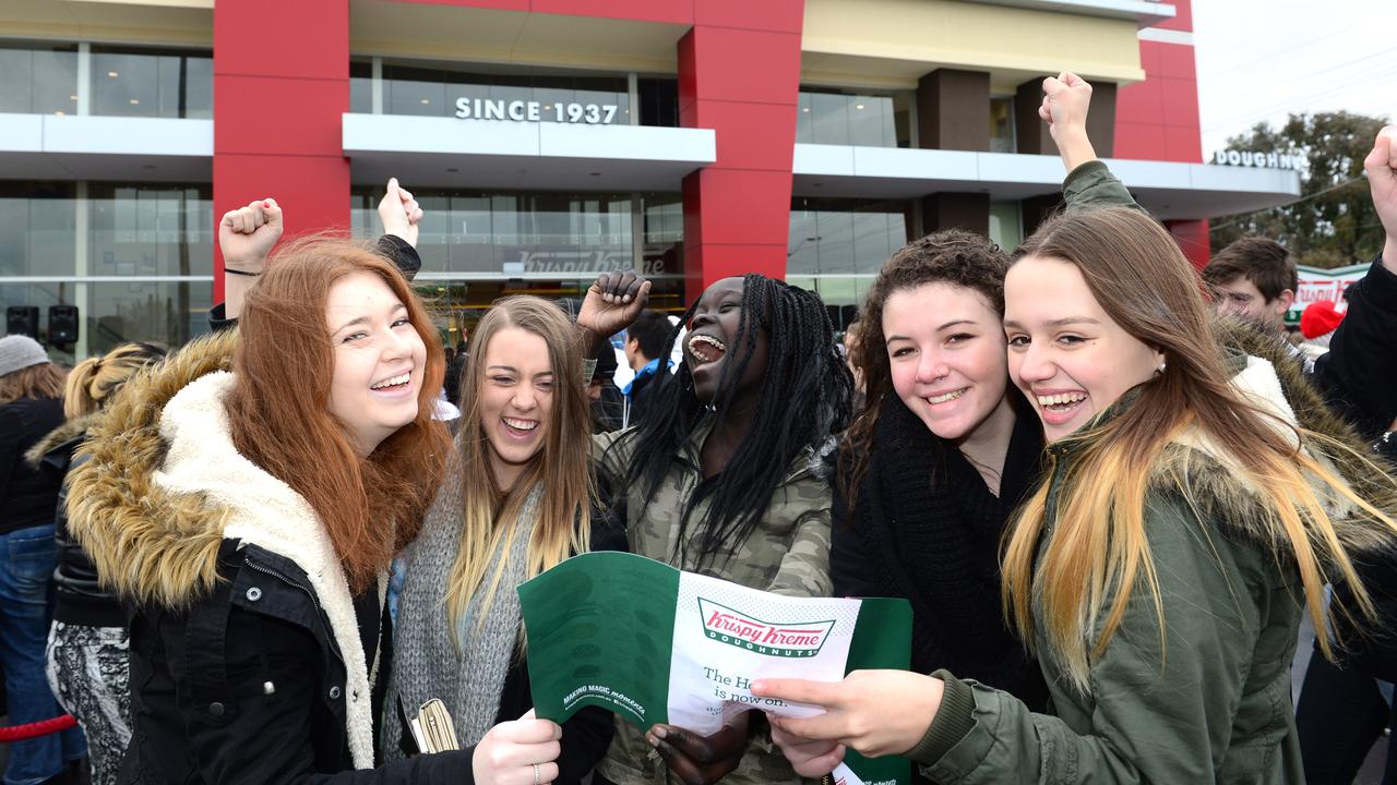 Friends Abby McIntosh, Bailee Holmes, Teesh Nhail, Shania Jackson, Bianca Howell excited in line. Pic: Tricia Watkinson.