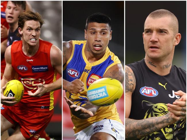 Gold Coast Suns player Noah Anderson, West Coast’s Tim Kelly and Richmond’s Dustin Martin.