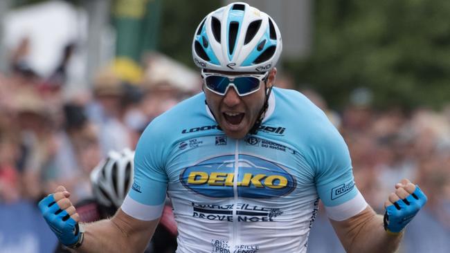 Brenton Jones reacts after winning the national criterium championship in Ballarat. Picture: Ian Wilson.