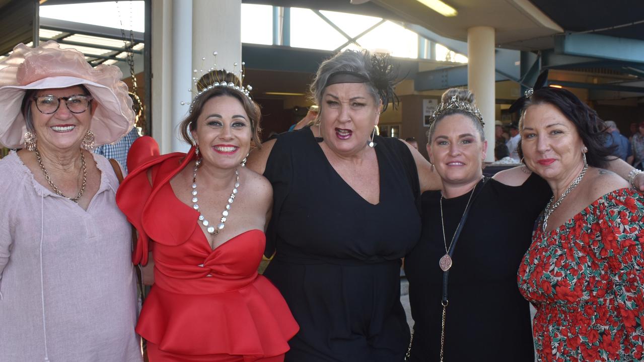 (Left to right) Noela Nolan, Kikki Watt, Sally Saltter, Elise Maidens and Marnie Nolan at the Brown Macaulay &amp; Warren Gympie Cup Day, 2021.