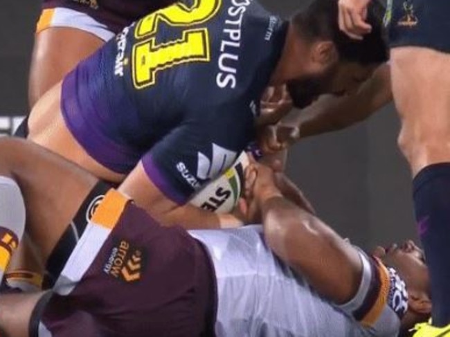 Sam Thaiday tugs on Jesse Bronwich's thumb.