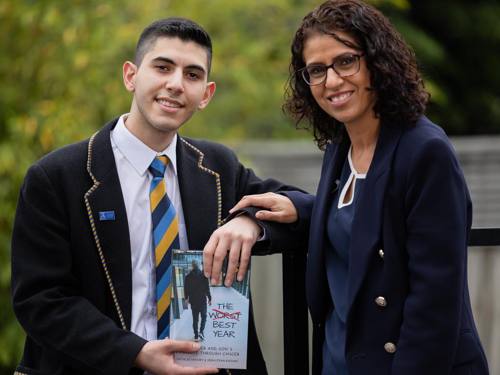 Sebastian Khoury and his mum Natalie Khoury with his book. Picture: Jason Edwards