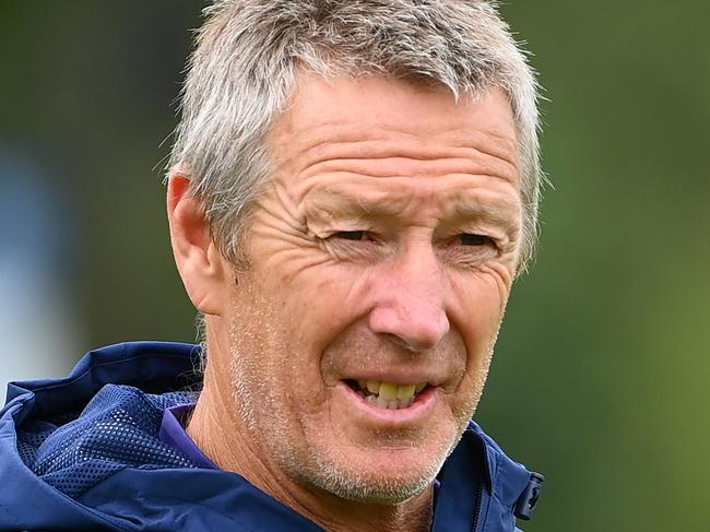 MELBOURNE, AUSTRALIA - MARCH 21: Craig Bellamy the coach of the Storm looks on during a Melbourne Storm NRL training session at Gosch's Paddock on March 21, 2023 in Melbourne, Australia. (Photo by Quinn Rooney/Getty Images)