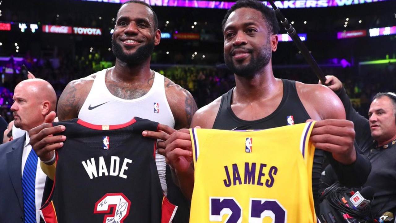 LeBron James and Dwyane Wade swapped jerseys after their final NBA game against each other. Pic via @Lakers