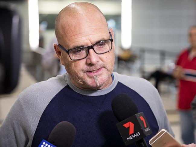 Michael Estorffe speaking to the media after his arrival. Picture: Scott Dalton