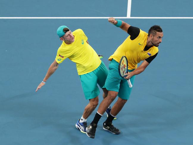 SYDNEY, AUSTRALIA - JANUARY 09: Alex de Minaur and Nick Kyrgios of Australia celebrate winning a point in their quarter final doubles match against Jamie Murray and Joe Salisbury of Great Britain during day seven of the 2020 ATP Cup at Ken Rosewall Arena on January 09, 2020 in Sydney, Australia. (Photo by Matt King/Getty Images)