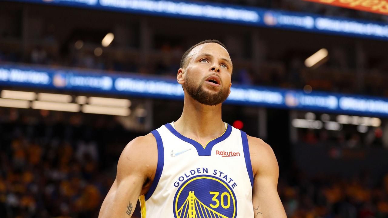 SAN FRANCISCO, CALIFORNIA - JUNE 02: Stephen Curry #30 of the Golden State Warriors reacts during the second quarter against the Boston Celtics in Game One of the 2022 NBA Finals at Chase Center on June 02, 2022 in San Francisco, California. NOTE TO USER: User expressly acknowledges and agrees that, by downloading and/or using this photograph, User is consenting to the terms and conditions of the Getty Images License Agreement. Ezra Shaw/Getty Images/AFP == FOR NEWSPAPERS, INTERNET, TELCOS &amp; TELEVISION USE ONLY ==