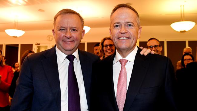 Labor leader Anthony Albanese with former leader Bill Shorten during the cabinet meeting where Mr Albanese was elected unopposed after Mr Shorten stood down.