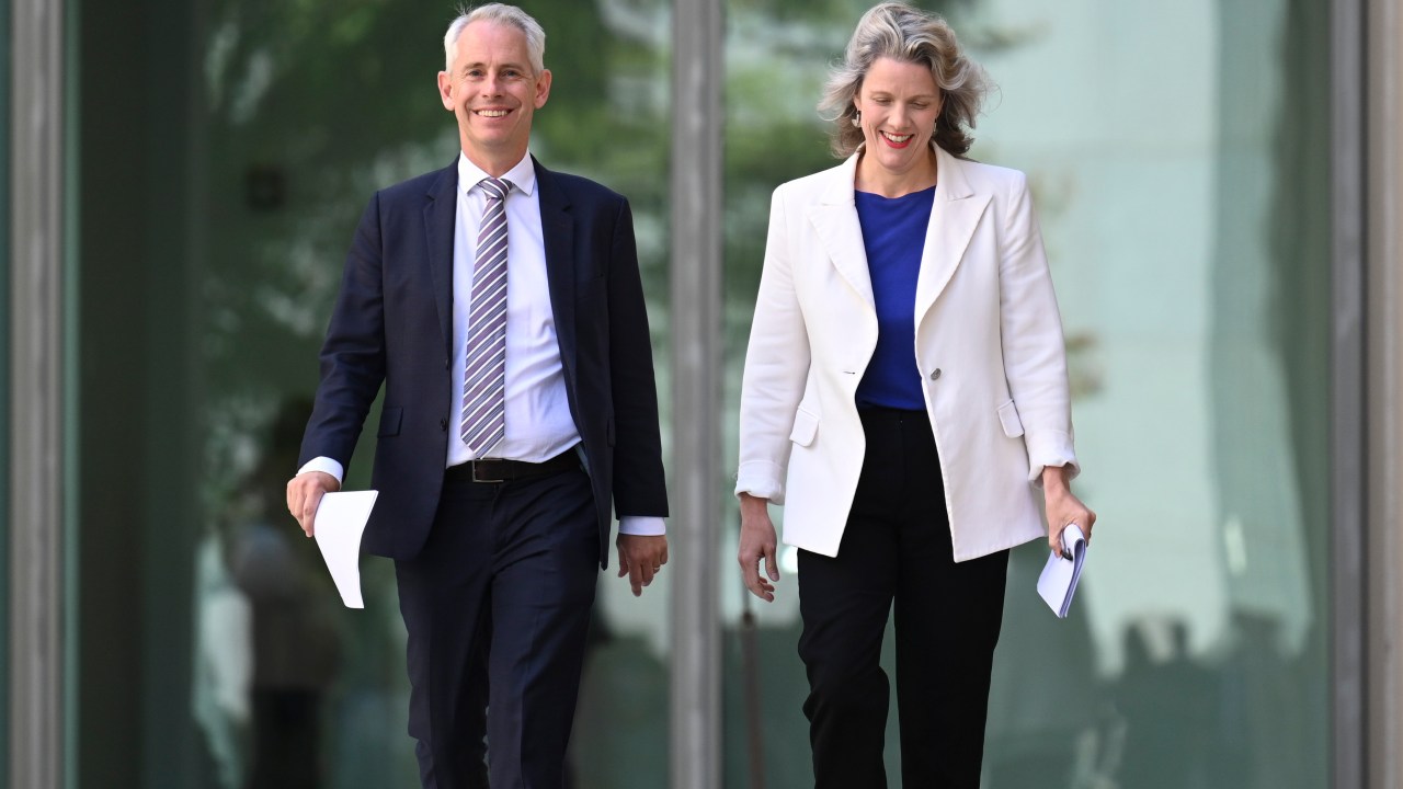 CANBERRA, AUSTRALIA, NewsWire Photos. MARCH 27, 2024: Minister For Home Affairs, Clare O'neil and Minister For Immigration, Citizenship And Multicultural Affairs, Andrew Giles holds a press conference at Parliament House in Canberra. Picture: NCA NewsWire / Martin Ollman