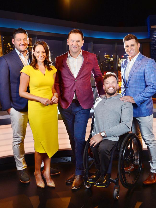 The cast of the new Channel 9 Footy Show: Brendan Fevola, Neroli Meadows, Anthony 'Lehmo' Lehmann, Dylan Alcott and Shane Crawford. Picture: Nicki Connolly