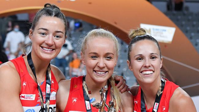 NSW Swifts players (L-R) Lauren Moore, Tayla Fraser and Paige Hadley.