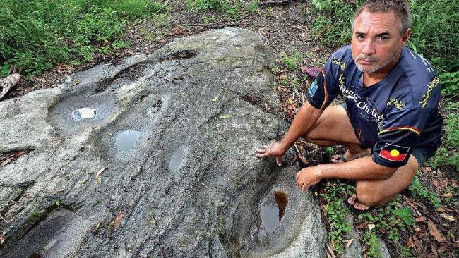 SACRED LAND: Kabi Kabi land rights activist Wit-booker says the so-called Gympie Pyramid, also known as Rocky Ridge, will be destroyed by Gympie highway by-pass construction, along with irreplaceable Aboriginal artefacts. Picture: Patrick Woods