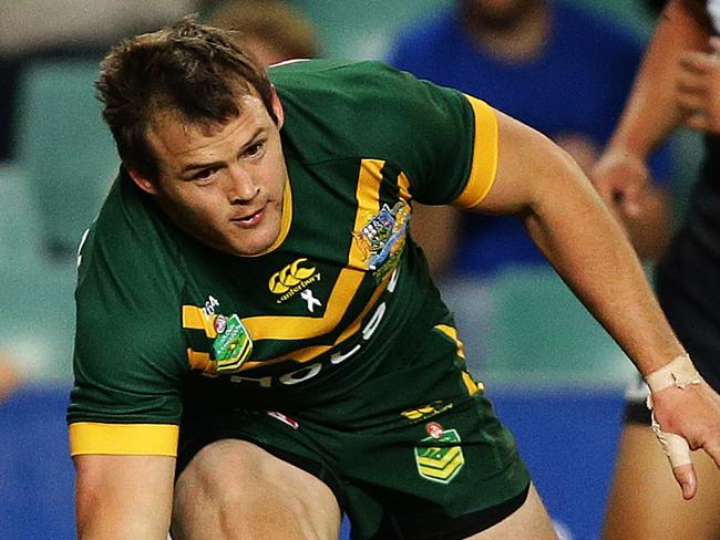 Australia's Brett Morris scores his second try during the rugby league Test Match between Australia and New Zealand at Allianz Stadium, Sydney. Pic Brett Costello