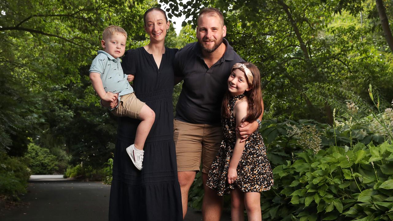 SUN TAS. Ivan and Sammie-Jo Jozeljic with children Jack 3 and Alexandra 8 of Old Beach. Big Issues survey on life in Tassie 2023 launch. Picture: Nikki Davis-Jones