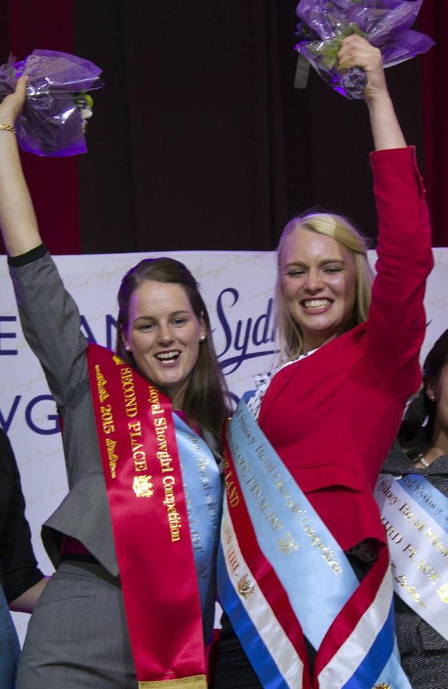 North Coast National Showgirl Ellie Stephens (centre) celebrates winning the Sydney Royal Showgirl competition in 2015. Picture: Charlotte Cooper