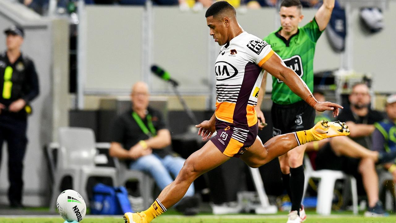 Jamayne Isaako of the Dolphins celebrates a try during the NRL Round 12  match between the Redcliffe Dolphins and the Melbourne Storm at Suncorp  Stadium in Brisbane, Saturday, May 20, 2023. (AAP