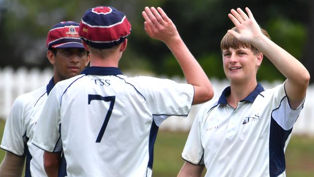 TSS bowler Cameron Sinfield celebrates a wicketGPS First XI match between Nudgee College and TSS. Saturday February 3, 2024. Picture, John Gass