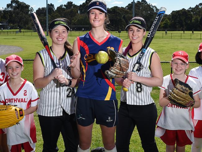 Waverley Softball Association is celebrating it's 50th season. (L-R) Annmarie Myyadunne (13, Northside), Ben Gray (10, Northside), Sheree Wood (Brandon Heights), Alys Young (Glen Waverley), Emma Boldeman (Brandon Heights), Lily Sherrin (10, Northside) and Julia Tay (10, Northside). Picture: Josie Hayden