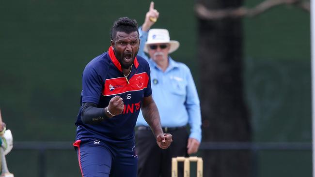 St Albans’ Arosh Janoda gets the wicket of Justin Bramble. Picture: George Sal