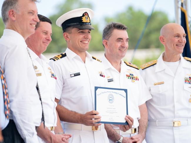 Lt. Cmdr. James Heydon, (centre) with Chief of Navy Vice Adm. Mark Hammond, Submarine Agency Dir. Gen. Vice Adm. Jonathan Mead, and U.S. Adm. James Frank Caldwell Jr. Picture: Sean Rayford for The Daily Telegraph