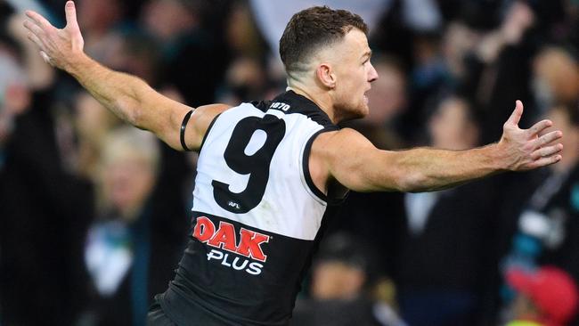 Robbie Gray of the Power celebrates a goal during the Round 8 AFL match between the Port Adelaide Power and the Adelaide Crows at Adelaide Oval in Adelaide, Saturday, May 12, 2018. (AAP Image/David Mariuz) NO ARCHIVING, EDITORIAL USE ONLY