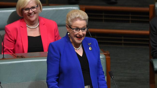 Former Mackellar Liberal MP, Bronwyn Bishop, pictured delivering her valedictory speech in the House of Representatives at Parliament House in 2016, said the sitting Liberal MP Jason Falinski “will win”. (AAP Image/Sam Mooy)