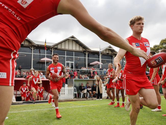 Roosters playersrun onto the field during the Round 4 SANFL match between North Adelaide and Woodville West Torrens at Prospect Oval in Adelaide, Sunday, April 30, 2023. (SANFL Image/David Mariuz)