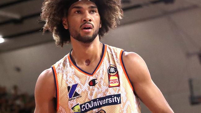 Taipans star Keanu Pinder in the jersey without the pride logo and displaying the CQUniversity sponsorship. Picture: Kelly Defina/Getty Images