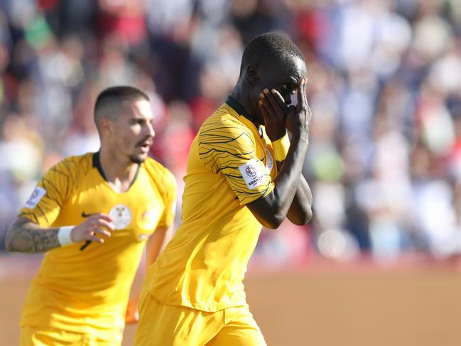 SA-raised wide man Awer Mabil celebrates his goal in the Socceroos’ Asian Cup victory over Palestine. Picture: Francois Nel/Getty Images