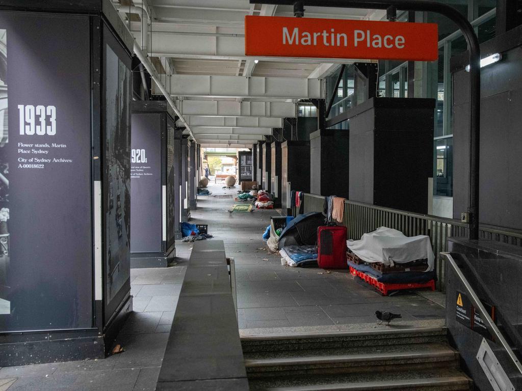 The homeless crisis at Martin Place around the RBA building. Picture: Thomas Lisson